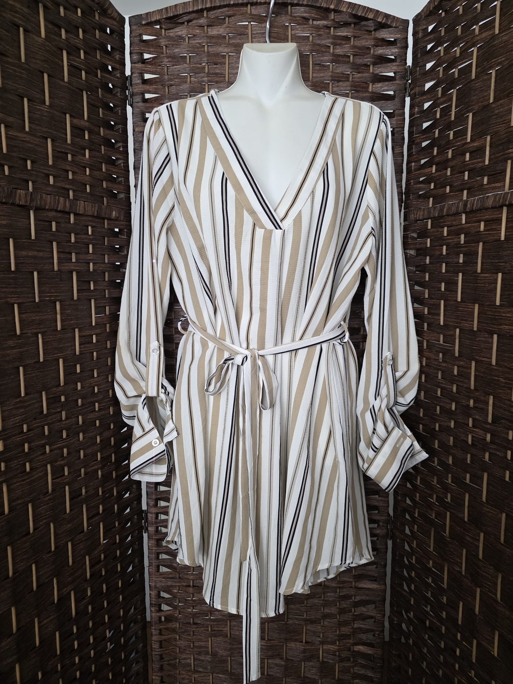 Day To Day Striped V-Neck Tie-Waist Dress in Cream and Tan